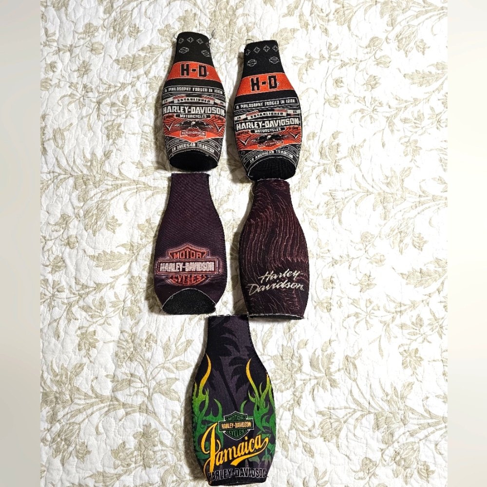Harley-Davidson Bottle Koozies in Black, Orange, and Green